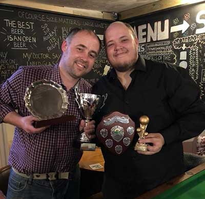 Adam and Simon from Dad's Army with the Cup, Singles and Div2 trophies 